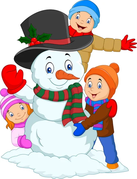Cartoon kids playing with snowman isolated on white background — Stock Vector