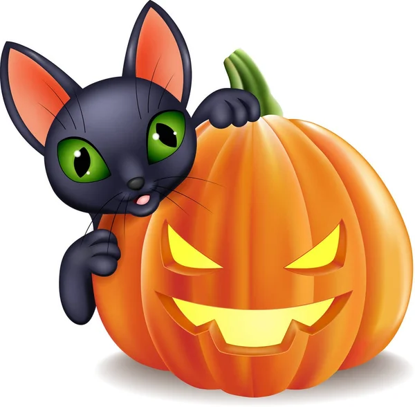 Kreslená černá kočka drží Halloween dýně — Stockový vektor