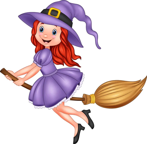 Cartoon young witch flying with a broom — Stock Vector