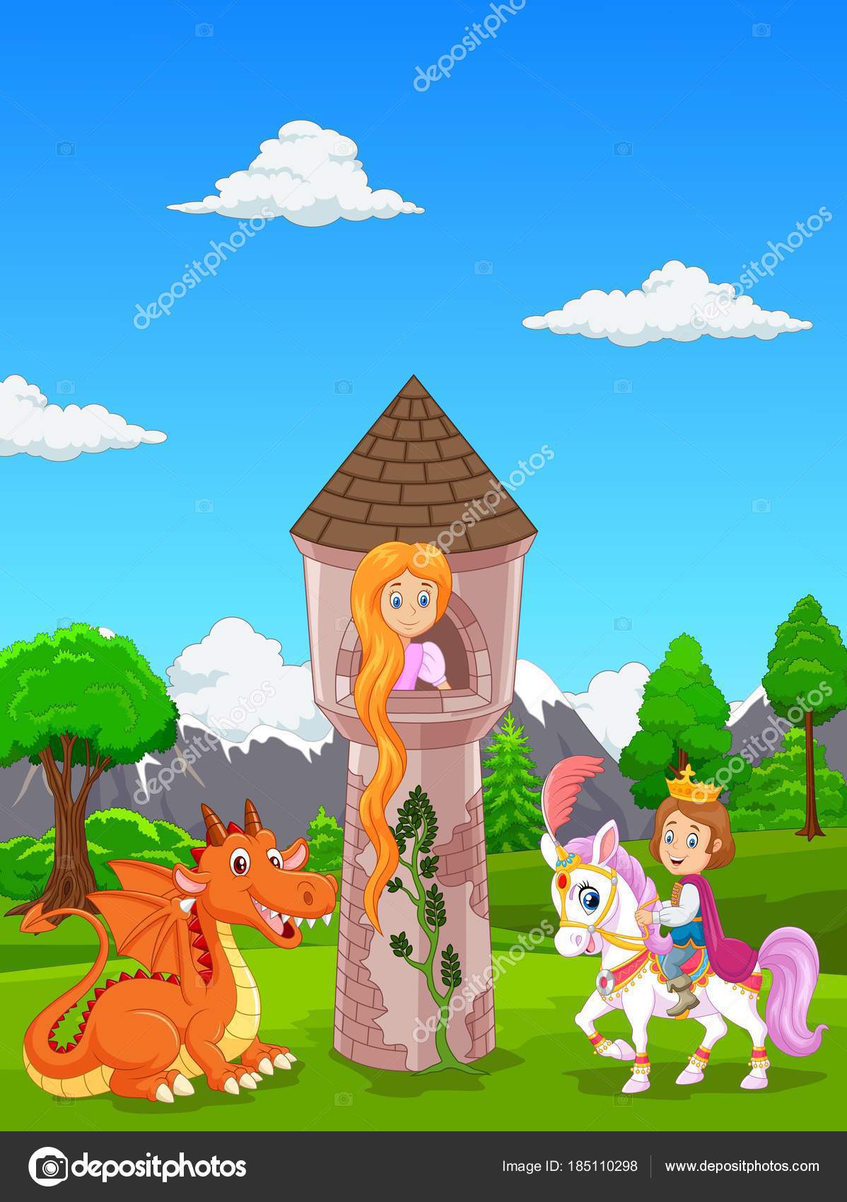 Прекрасная Принцесса Длинными Волосами Замке Принц Верхом Лошади.