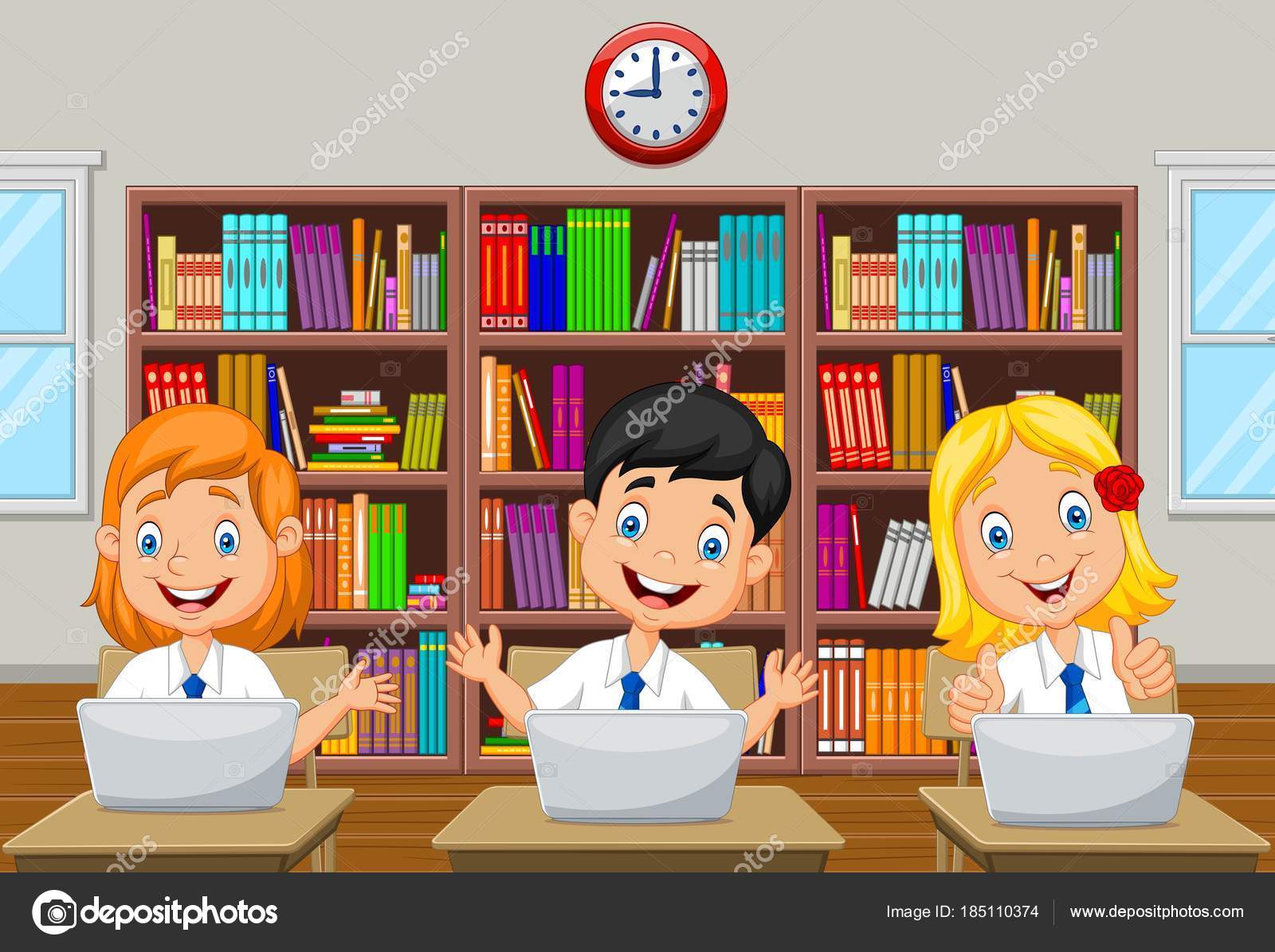 Cartoon Kinderen Studeren Bij Computer Klas — Stockvector ...