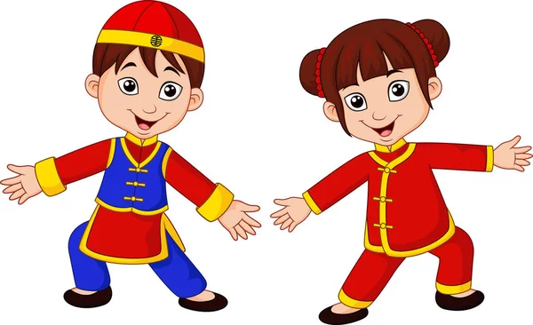 Kartun Anak Anak Cina Dengan Kostum Tradisional - Stok Vektor