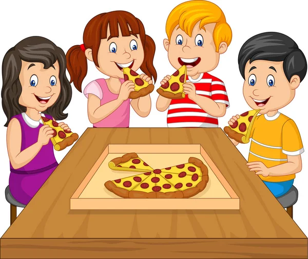 Κινούμενα Σχέδια Παιδιά Τρώγοντας Πίτσα Μαζί — Διανυσματικό Αρχείο