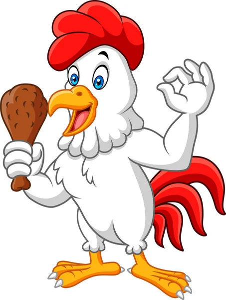 Gallo Dei Cartoni Animati Tenendo Pollo Fritto Dando Segno — Vettoriale Stock