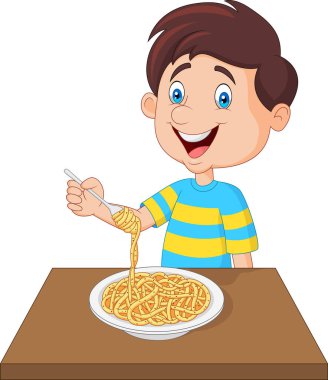 Küçük çocuk spagetti yiyor.