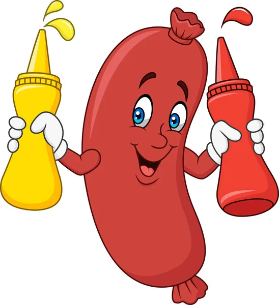 Salchicha Dibujos Animados Con Salsa Mostaza Botellas Ketchup Exprimido — Archivo Imágenes Vectoriales