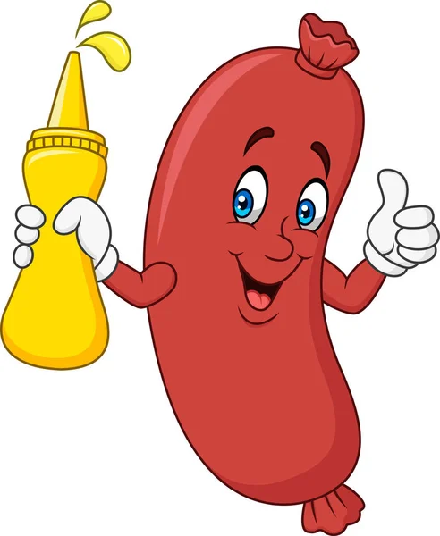 Cartoon Sausage Holding Mustard Sauce — Stock Vector