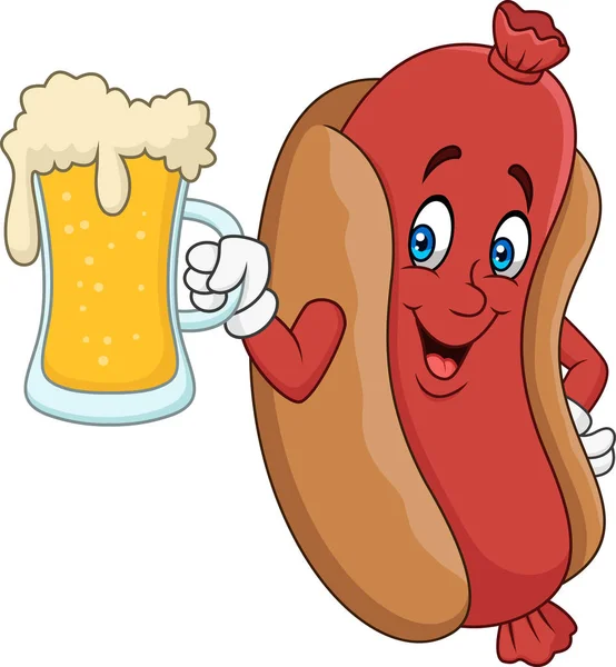 Hotdog Dessin Animé Boire Bière — Image vectorielle