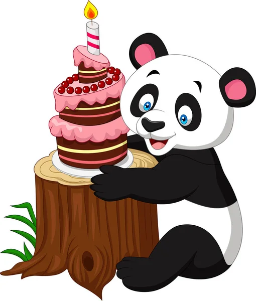 Cartoon Grappige Panda Met Verjaardagstaart — Stockvector