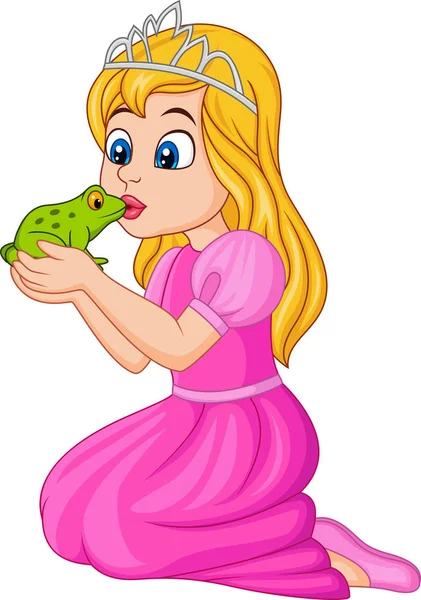 Cartoon Prinses Zoenen Een Groene Kikker — Stockvector