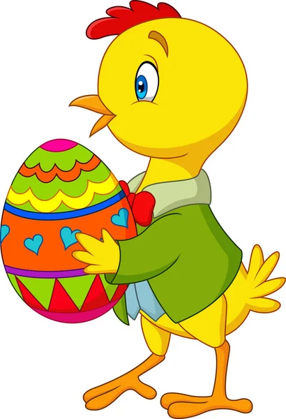 Cartoon Chick Holding Decorated Easter Egg — Stock Vector