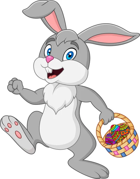 Easter Bunny Rabbit Easter Basket Full Decorated Easter Eggs — Stock Vector