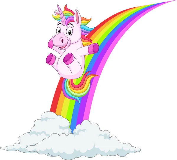 Cartoon Unicorn Sliding Rainbow — Stock Vector