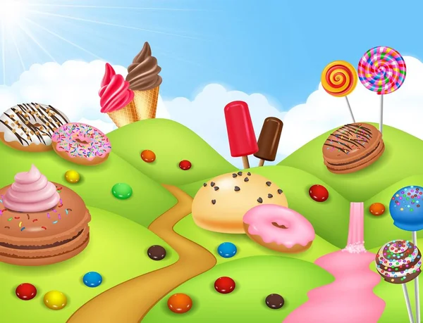 カップケーキ アイスクリーム ドーナツ ロリポップと甘いキャンディランド — ストック写真