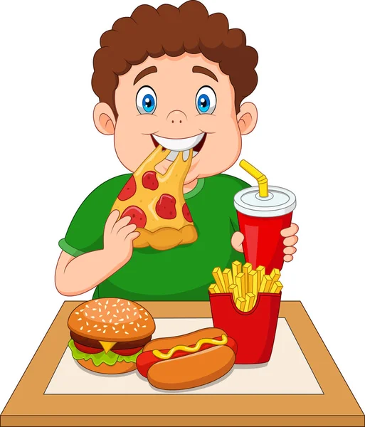 Dicker Junge Isst Junk Food — Stockvektor