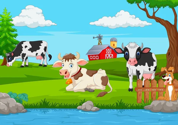 夏の緑のフィールドで牛の群れ — ストックベクタ