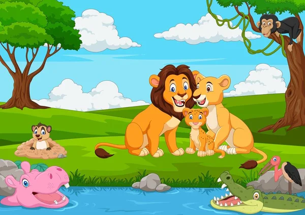 Familia Leones Dibujos Animados Selva — Vector de stock