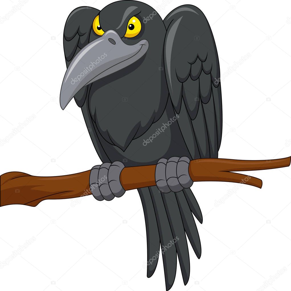 Cartoon crow on a tree branch 