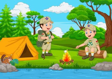 Çadır ve kamp ateşi ile karikatür scout