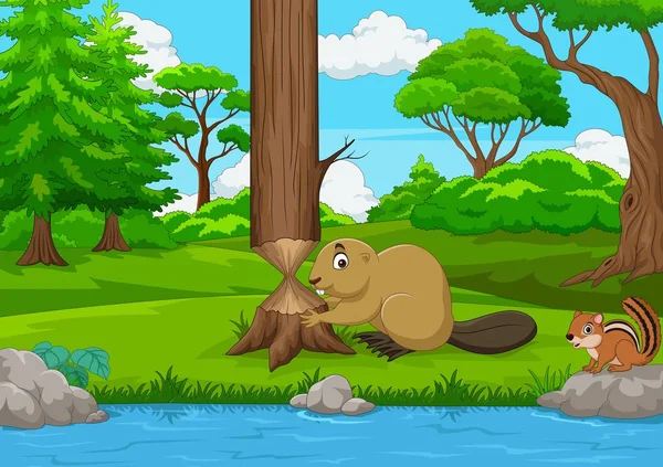 Cartoon Beaver Cutting Tree Forest — Stock Vector