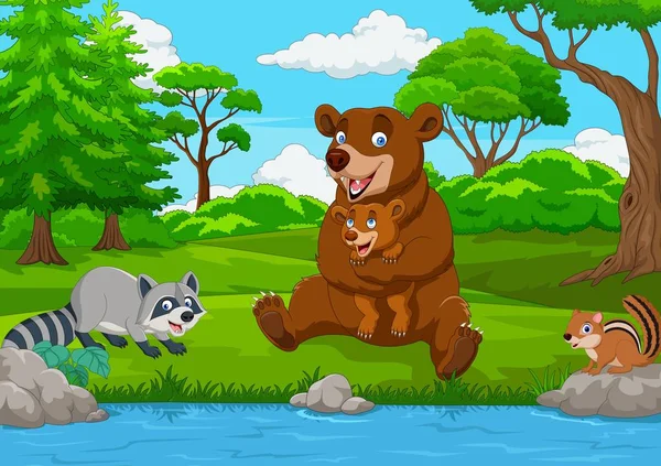Cartoon Brown Bear Family Forest — Stock Vector