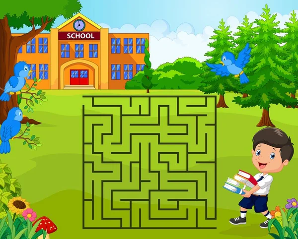 Yardım Çocuk Onun Okul Bulmak Için Maze Oyunu — Stok Vektör