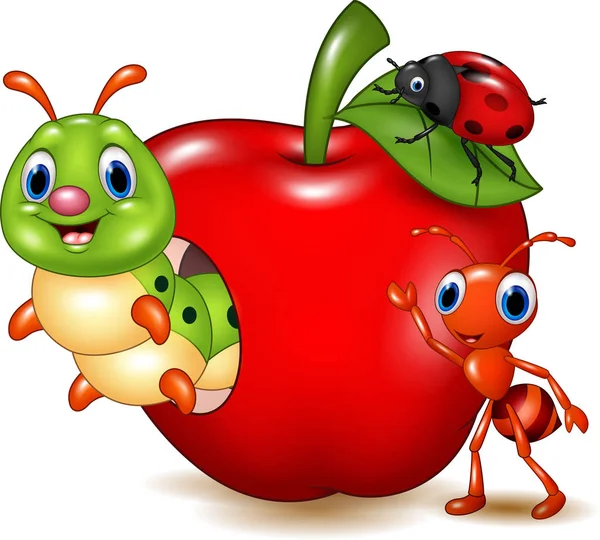 Cartoon Small Animals Red Apple — Stock Vector