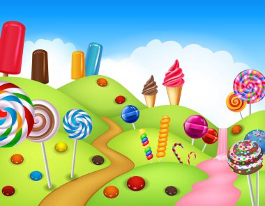 Beautiful candyland with cupcake,ice cream, lollipop and candy cane clipart