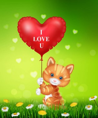 Kırmızı kalp balonlar holding karikatür kedi