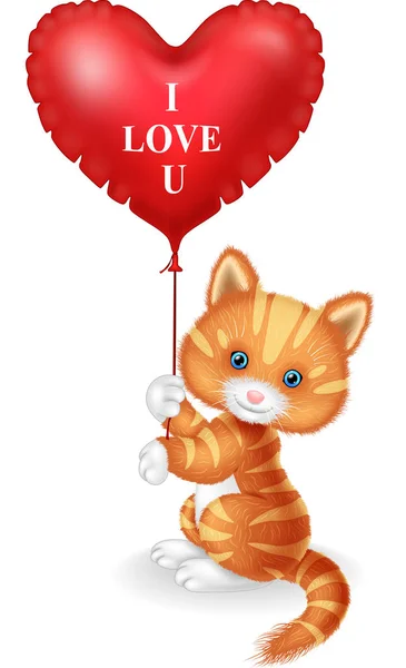 Cartoon Cat Holding Red Heart Balloon — Stock Vector