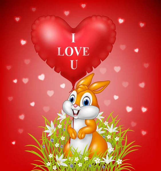 Karikatur Kaninchen Mit Rotem Herz Ballon — Stockvektor