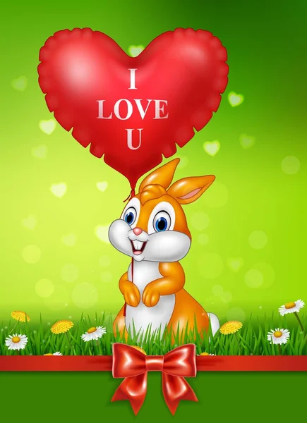 Yeşil Çimenlerin Üzerinde Kırmızı Kalp Balonları Tutan Sevimli Tavşan — Stok Vektör