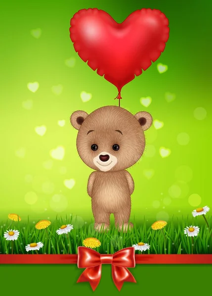 かわいいクマ保持赤いハート風船で緑の草 — ストックベクタ