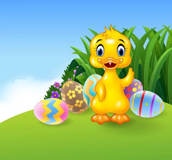 Sevimli Küçük Ördek Ile Renkli Paskalya Yumurtaları — Stok Vektör