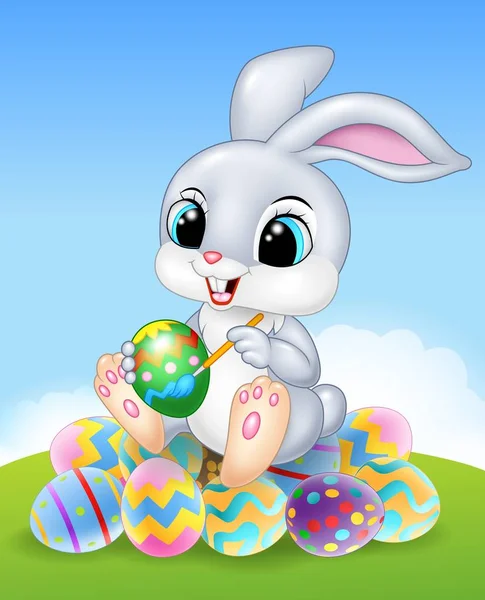 Cartoon Easter Bunny Pintando Huevo Los Huevos Pascua — Vector de stock