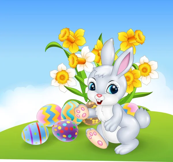 Cartoon happy bunny with colorful Easter eggs