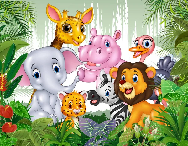 ジャングルの中の漫画野生動物 — ストックベクタ