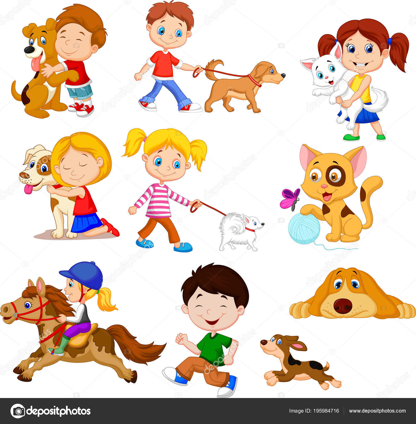 Desenhos Animados Crianças Com Animais Estimação Vetor de ©tigatelu  195984716, image size:1600x1631