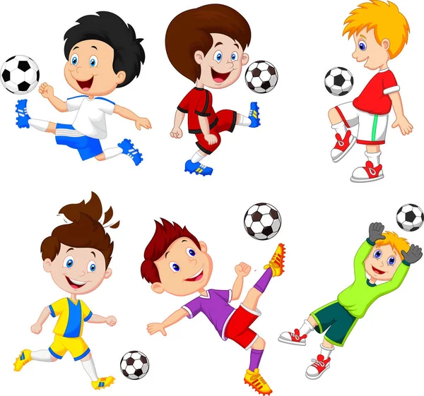 Cartoon Kleiner Junge Spielt Fußball — Stockvektor