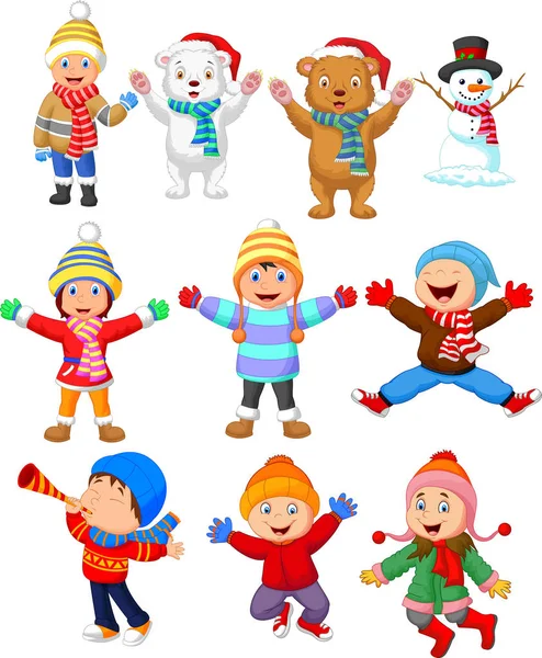 Little Kids Wearing Winter Clothes — Stock Vector