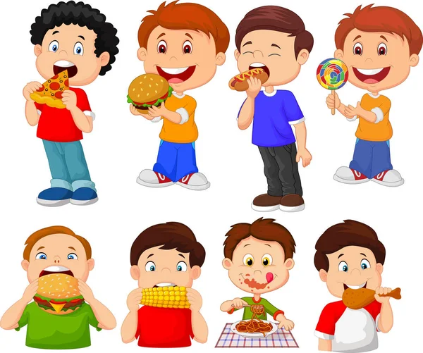 Collezione Cartone Animato Bambino Mangiare Fast Food — Vettoriale Stock