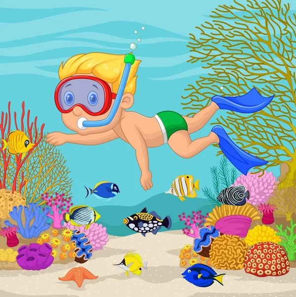 Απεικόνιση Του Μικρού Αγοριού Κολύμβηση Αναπνευστήρα — Διανυσματικό Αρχείο