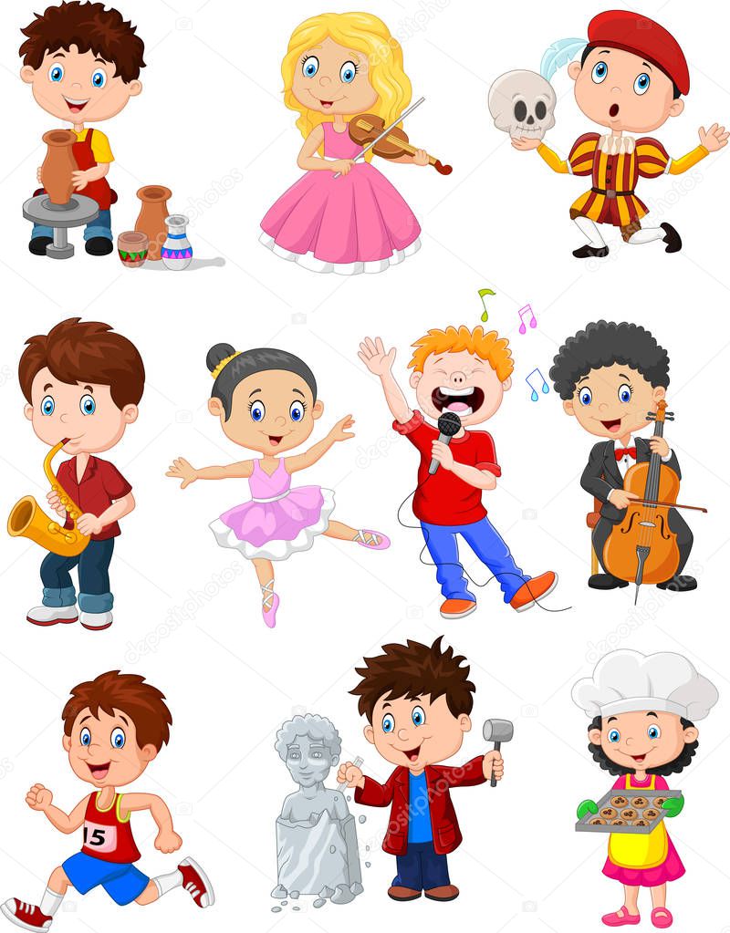 Cartoon kids with different hobbies
