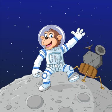 Ay 'daki Çizgi Film Maymun Astronotunun Vektör Çizimi