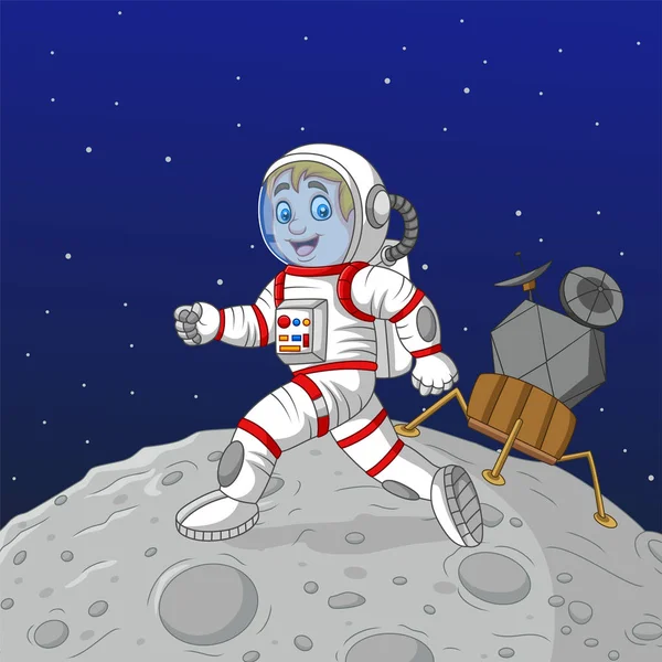 卡通男孩宇航员在月球上行走的矢量图解 — 图库矢量图片