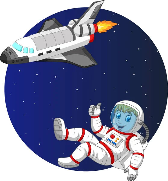 卡通男孩宇航员与航天飞机的矢量插图 — 图库矢量图片