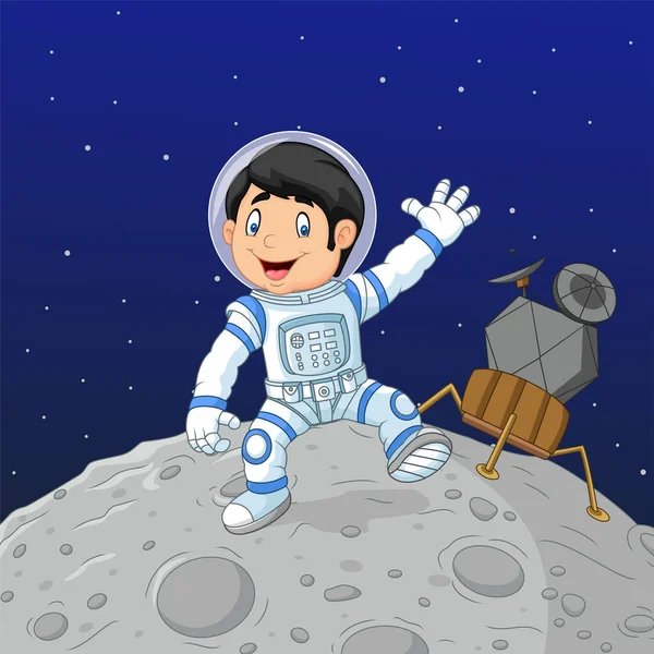 卡通男孩宇航员在月球上的矢量图解 — 图库矢量图片