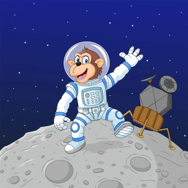 Illustrazione Vettoriale Dell Astronauta Scimmia Dei Cartoni Animati Sulla Luna — Vettoriale Stock