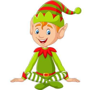 Vektör çizim karikatür mutlu Noel elf oturma