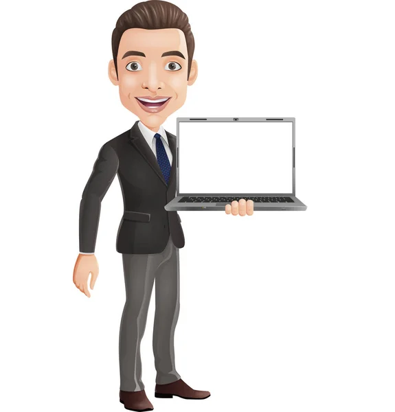 Vector Illustration Cartoon Happy Young Businessman Holding Laptop — Stock Vector